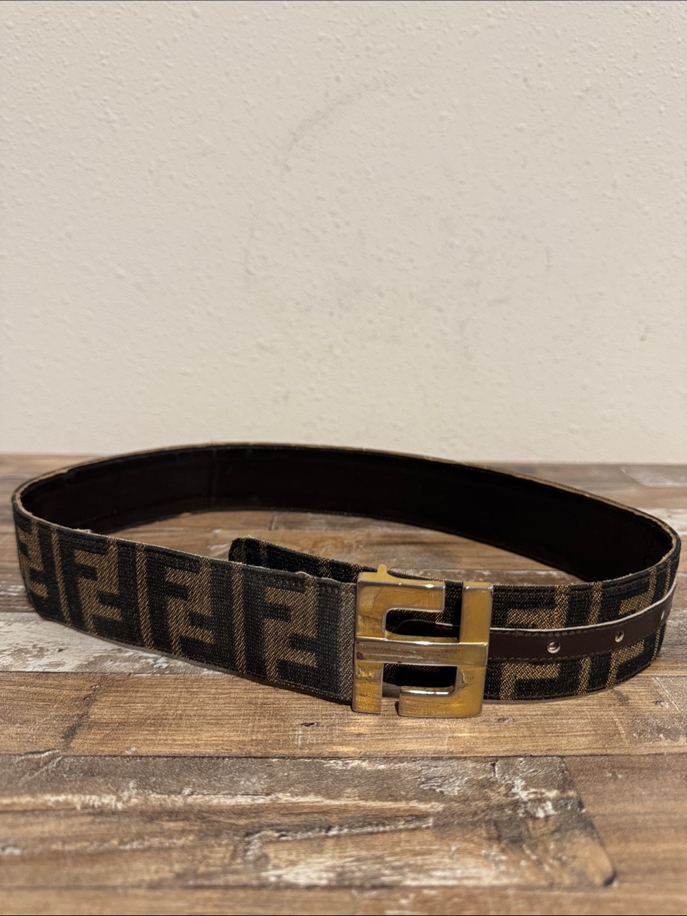 Fendi FF Brown Canvas Belt with Gold Double-F Buckle - XXS - 30in/76cm